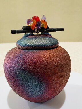 Jeremy Diller Raku Pottery Mini Dream Jar Signed Studio Art Vessel Gemstones P5